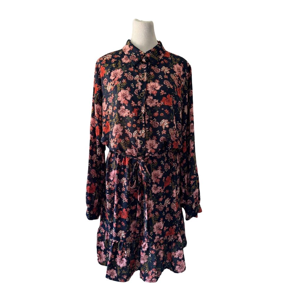 A.U.W. Navy Blue Floral Print Long Sleeve Belted Collared Knee Length Dress